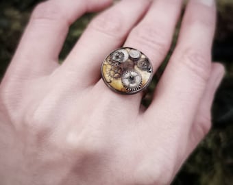 Upcycled Steampunk Watch Part Ring, Resin Art, Adjustable
