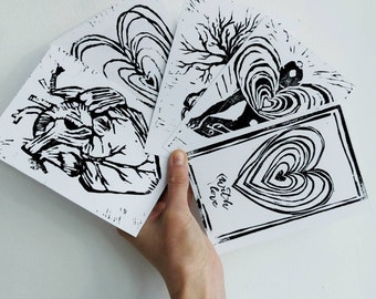 Tarjetas de San Valentín, grabado en linóleo con mensaje personalizado escrito a mano, postales impresas a mano, edición limitada