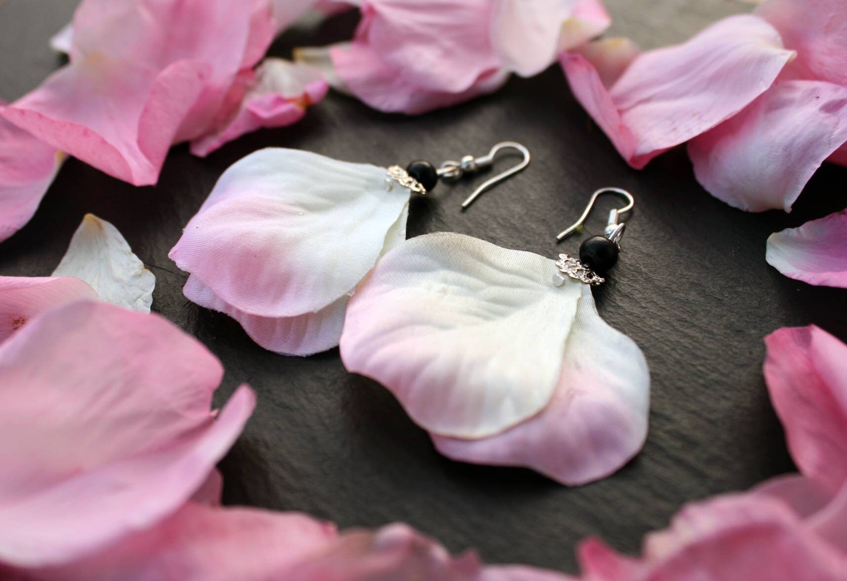 Rose Petal Earrings with Black Beads Botanical Jewelry Etsy