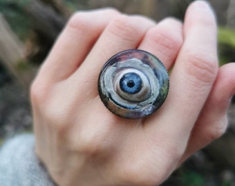 Handpainted Ring, Evil Eye Recycled Doll Eye, Resin Jewelry, Protective talisman, Gift for her, Boho Ring, Bohemian Jewelry,