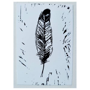 Grafische veren, linokaart, linosnede van Fearher, handgedrukte ansichtkaarten, A6