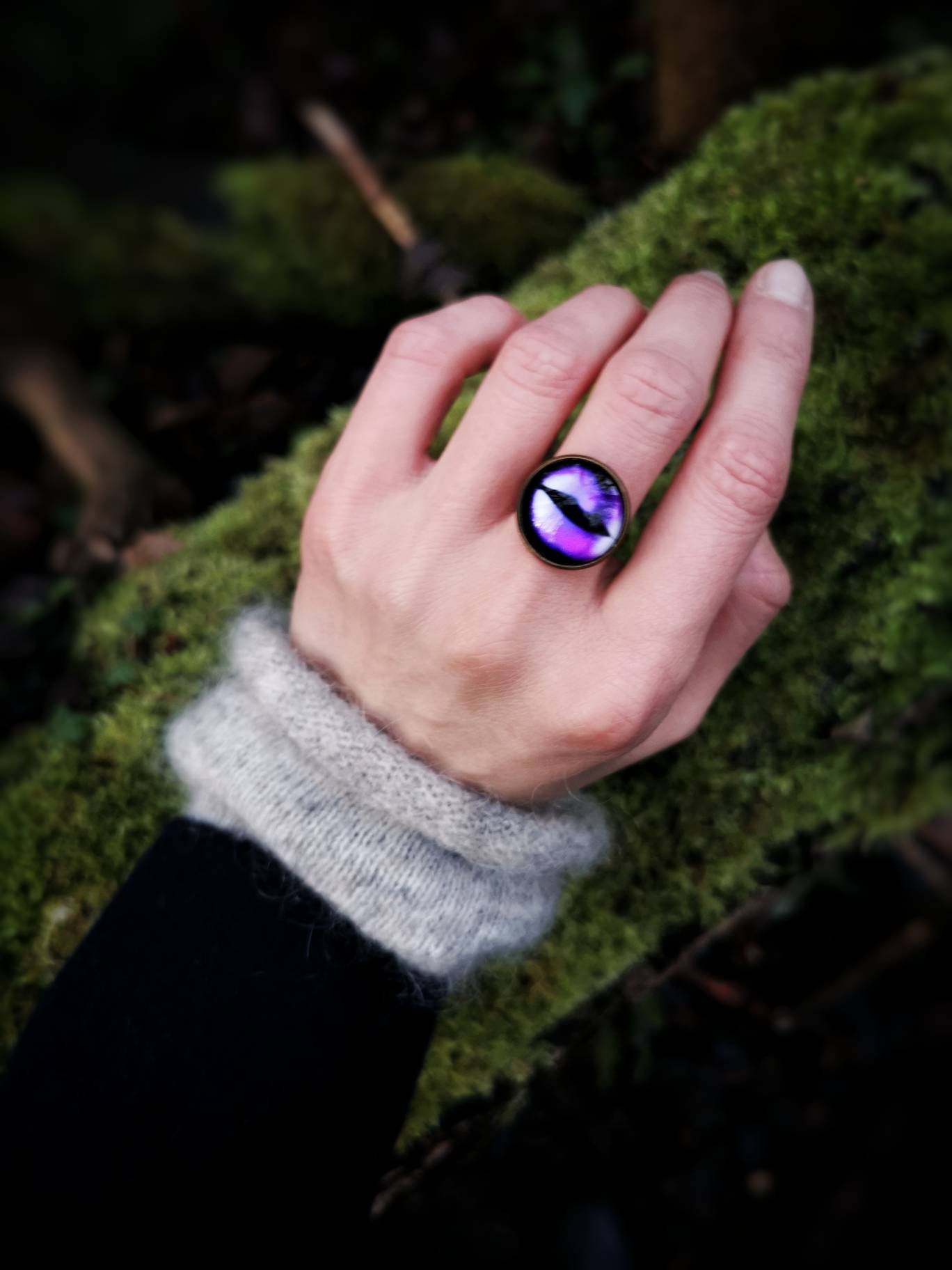 Violet Glass Evil Eye Ring, Bronze, Adjustable, Talisman Jewelry
