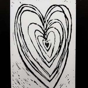 Hartkaart, linoprint, linosnede, handgedrukte ansichtkaarten, groeiend hart, A6, liefdeskaart