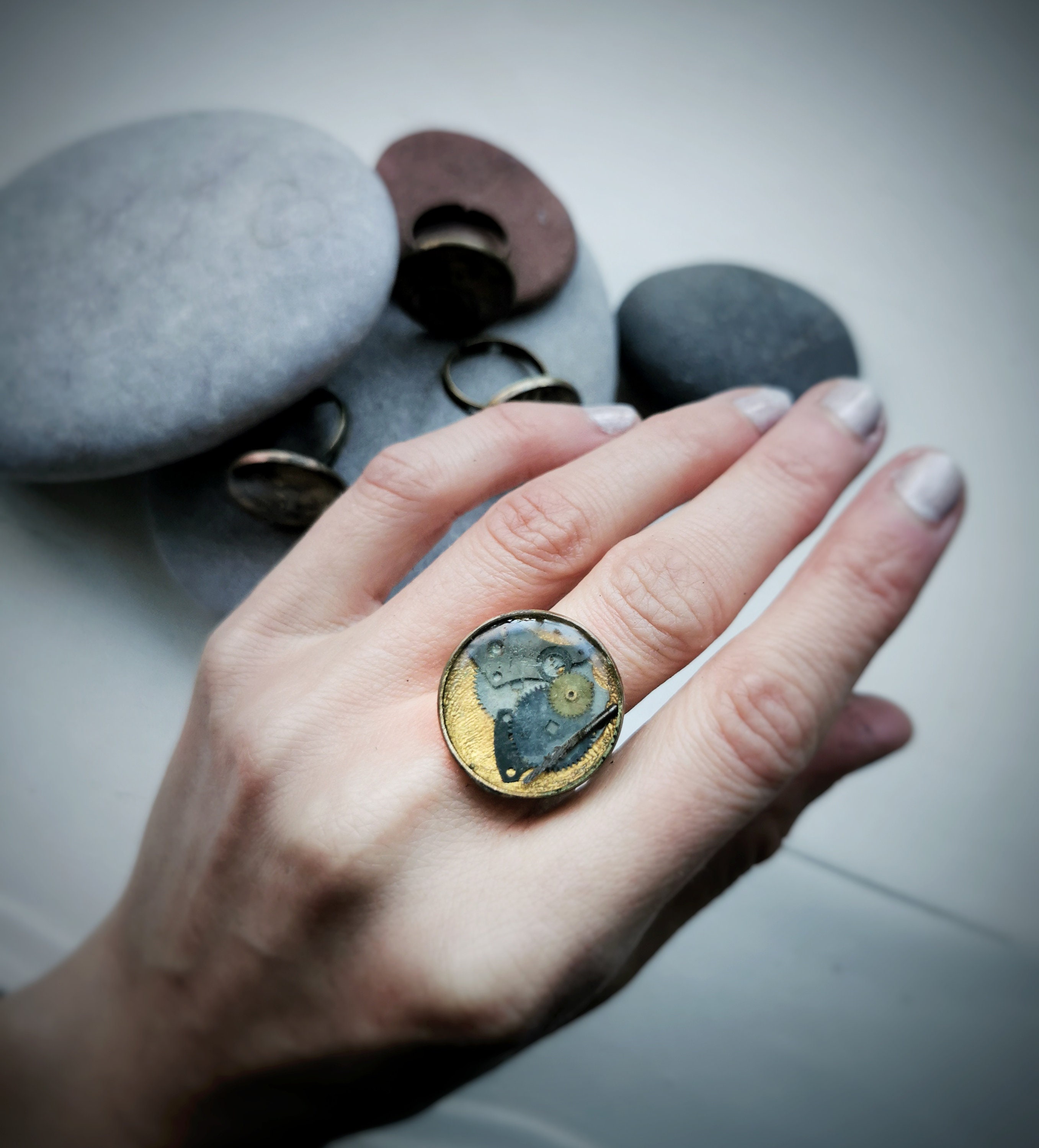 Steampunk Upcycled Ring, Recycled Watches Jewellery, Gold Handpainted ...