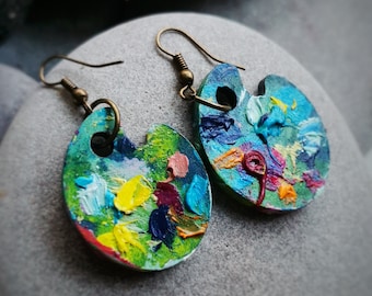 Art Palette Paint Wooden Earrings, Oil Painting, Artistic Jewelry, Painting Palette wooden Earrings, oil painting earrings, palette earrings