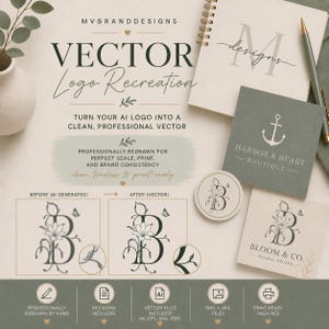 May include: A graphic design service advertisement titled Vector Logo Recreation by MVBRANDDESIGNS. It displays a comparison of a blurry AI-generated logo and a clean vector version, alongside printed examples of logos for Harbor & Heart and Bloom & Co.