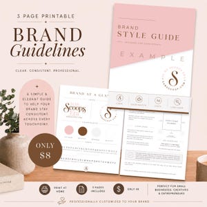 May include: A three-page printable brand style guide document featuring a soft pink and white color scheme with dark brown text. The pages display logo examples, color palettes, font selections, and clear space guidelines for brand consistency.