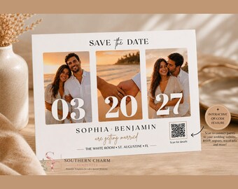 Plantilla editable para guardar la fecha, Guardar la fecha de boda para móvil, Guardar la fecha con collage de fotos, Plantilla de Canva, Guardar la fecha digital