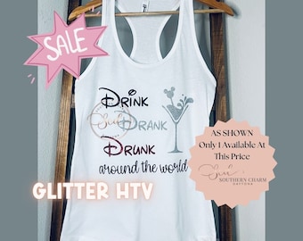 Camiseta sin mangas Epcot Drink Drank Drunk / Vinilo textil con purpurina, talla mediana