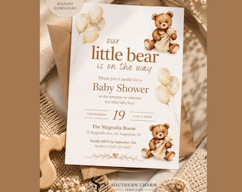 Paquete de plantillas de invitación para baby shower con osito de peluche / Invitación editable en Canva / Invitación neutra para baby shower de niño / 3 diseños