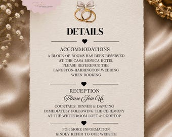 Tarjeta de detalles de boda lista para usar / Tarjeta de información de boda personalizada / Inserto personalizado para detalles de la recepción
