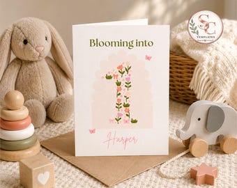 Plantilla de tarjeta de cumpleaños "Floreciendo en un año" / Plantilla editable de Canva / Tarjeta de primer cumpleaños para niña / Tarjeta de cumpleaños floral imprimible