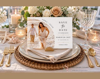 Plantilla moderna de invitación de boda con temática costera / Anuncio de boda editable en Canva / Invitación de boda minimalista con foto / Descarga instantánea