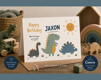 Plantilla editable de tarjeta de cumpleaños de dinosaurio en Canva / Tarjeta de cumpleaños infantil personalizada / Tarjeta de dinosaurio imprimible (descarga digital)