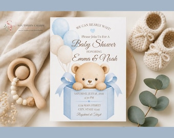 Invitación para baby shower "Apenas podemos esperar", invitación para baby shower con osito de peluche, plantilla editable de Canva, baby shower para niño