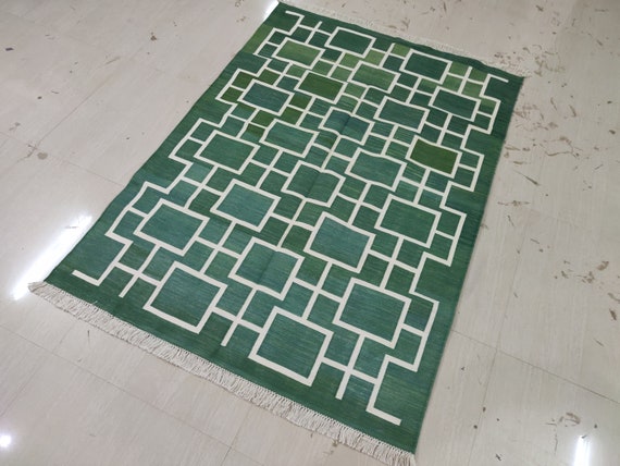 Cotton Rug Flat Weave 4 X6 Hand Woven Made - Green Flat Weave Rug Cotton Rug Flat Weave 4 X6 Hand Woven Made - Green Flat Weave Rug