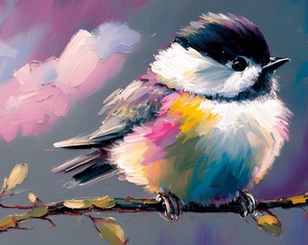 Rainbow Chickadee Set 2- 5x7 7x5 Altar Print set Whimsical bird Art, Contemporary Bird Art, emotional art, moody art, bird prints, acrylic