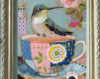 Hummingbird Tea Cup Art - It's Tea Time series, Whimsical Mixed Media, Shabby Chic