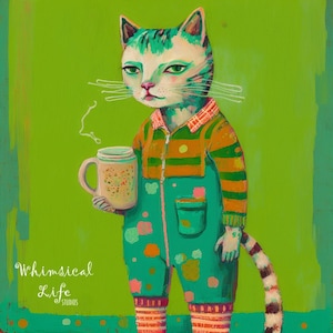 Artsy Coffee Cat 5x5 Miniature Print, Direct from artist, Whimsical cat Art, Contemporary cat Art, Pop Surreal, kitsch art, low brow,
