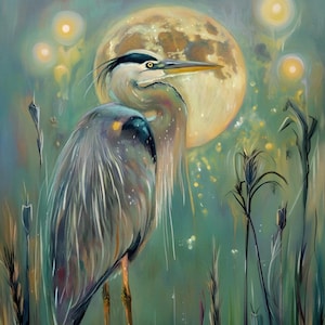 Great Blue Heron Print, Whimsical Heron Art, Great Blue Heron painting, egret art, Bird Art gifts, Blue Heron Decor,