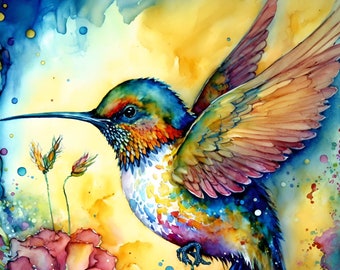 Watercolor Hummingbird 5x7 Print, Direct from artist, Whimsical bird Art, Contemporary Bird Art, Pop Surreal,