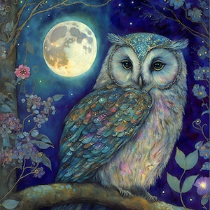 Moonlight Owl 5x7 Altar Print, Direct from artist, Whimsical owl Art, Contemporary owl Art, Pop Surreal, Bird Art, emotional art,