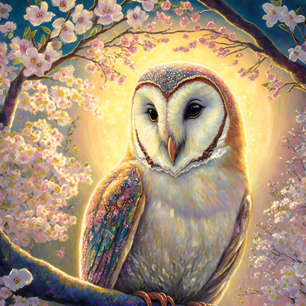 Cherry Blossom Moonlight Barn Owl 5x7 Altar Print, Whimsical owl Art, Barn owl Miniature Art, Surreal bird art, Bird Art, barn owl painting,