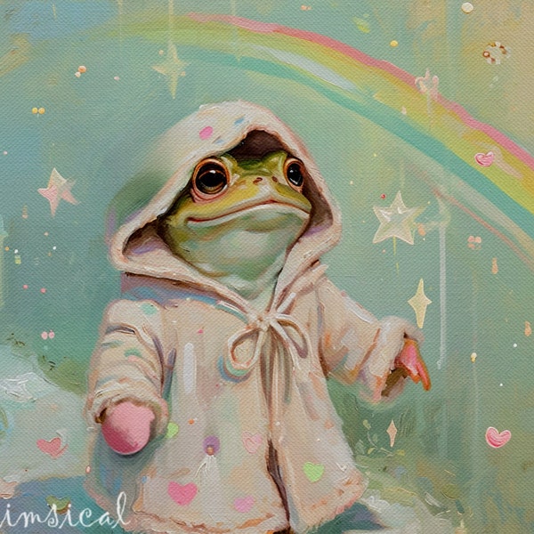 The Rainbow Connection Print - Frog art, Frog Painting, Pastel Aesthetic, Frog Decor, Pop Surreal, Anthropomorphism, Kitschy, Kitsch