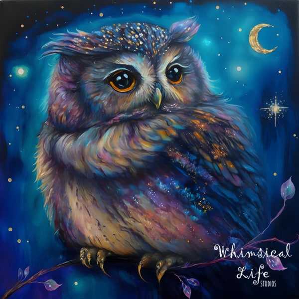 Baby Moonlight Owl 5x5 Altar Print, Direct from artist, Whimsical owl Art, Contemporary owl Art, Pop Surreal, Bird Art, emotional art,