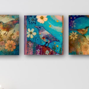 Whimsical Bird Print Set 3 - 5x5 Prints, Whimsical Art, Contemporary Art, Pop Surreal, Mixed Media Art, emotional art, moody, shabby chic,