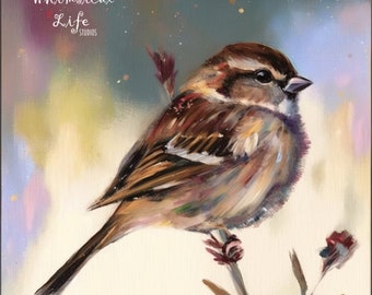 Sparrow Painting Celestial Dreams Series 5x5 Miniature Print, Direct from artist, Whimsical bird Art, pop surreal Bird Art, Bird Art