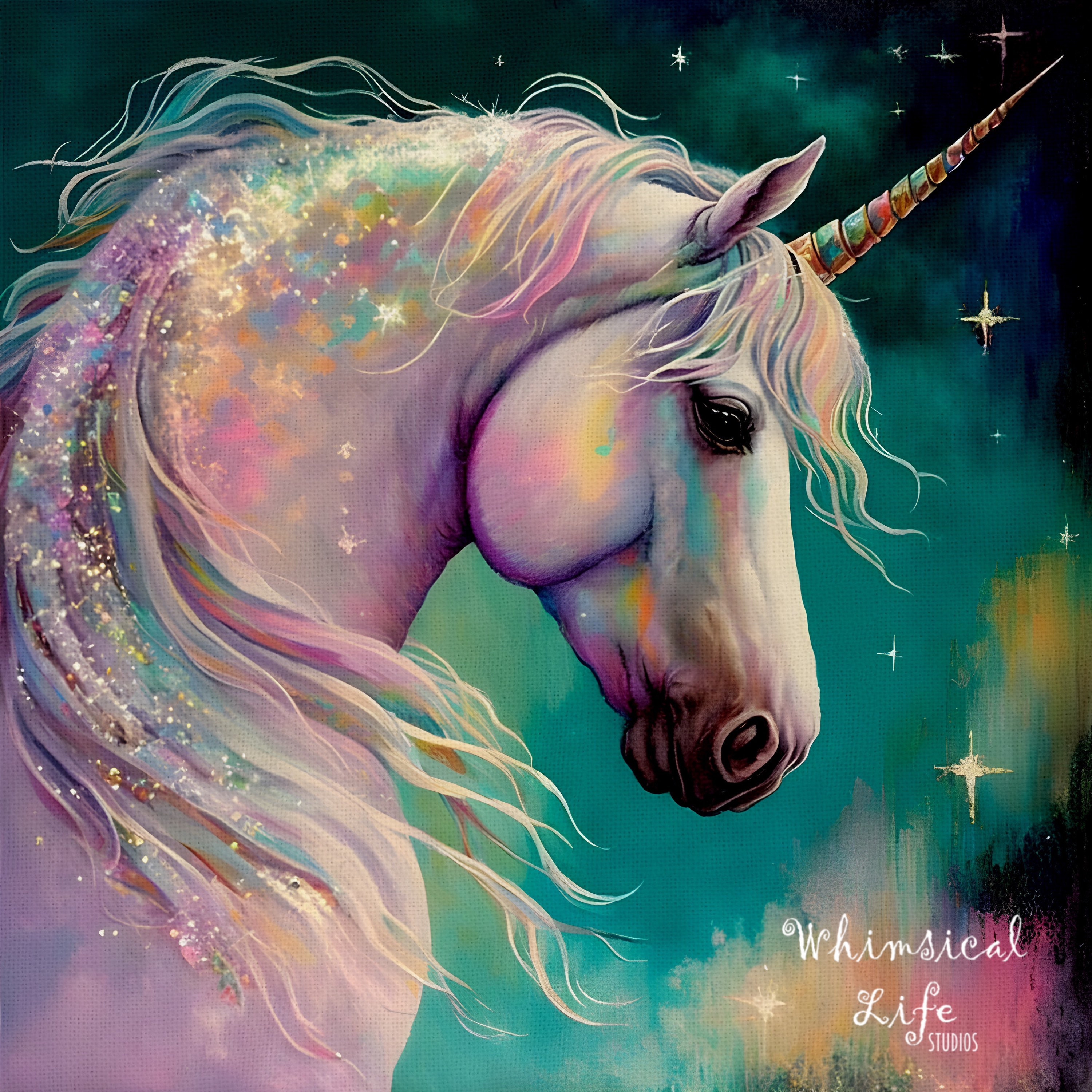 Stardust Unicorn Painting Celestial Dreams Series 11x11 Unicorn Print Whimsical Unicorn Art Pop Surreal Unicorn Painting