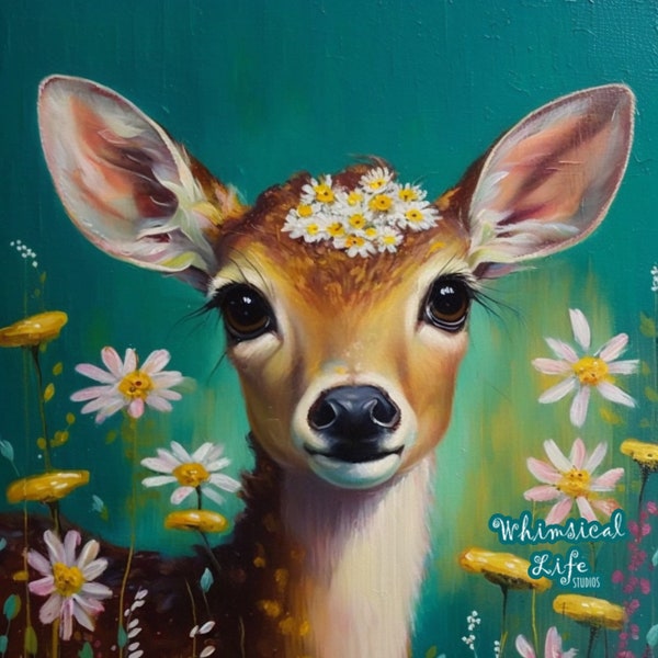 Whimsical Deer - 5x5 Miniature Print, Deer acrylic Painting, Contemporary animal Art, deer with daisies , cottagecore deer painting