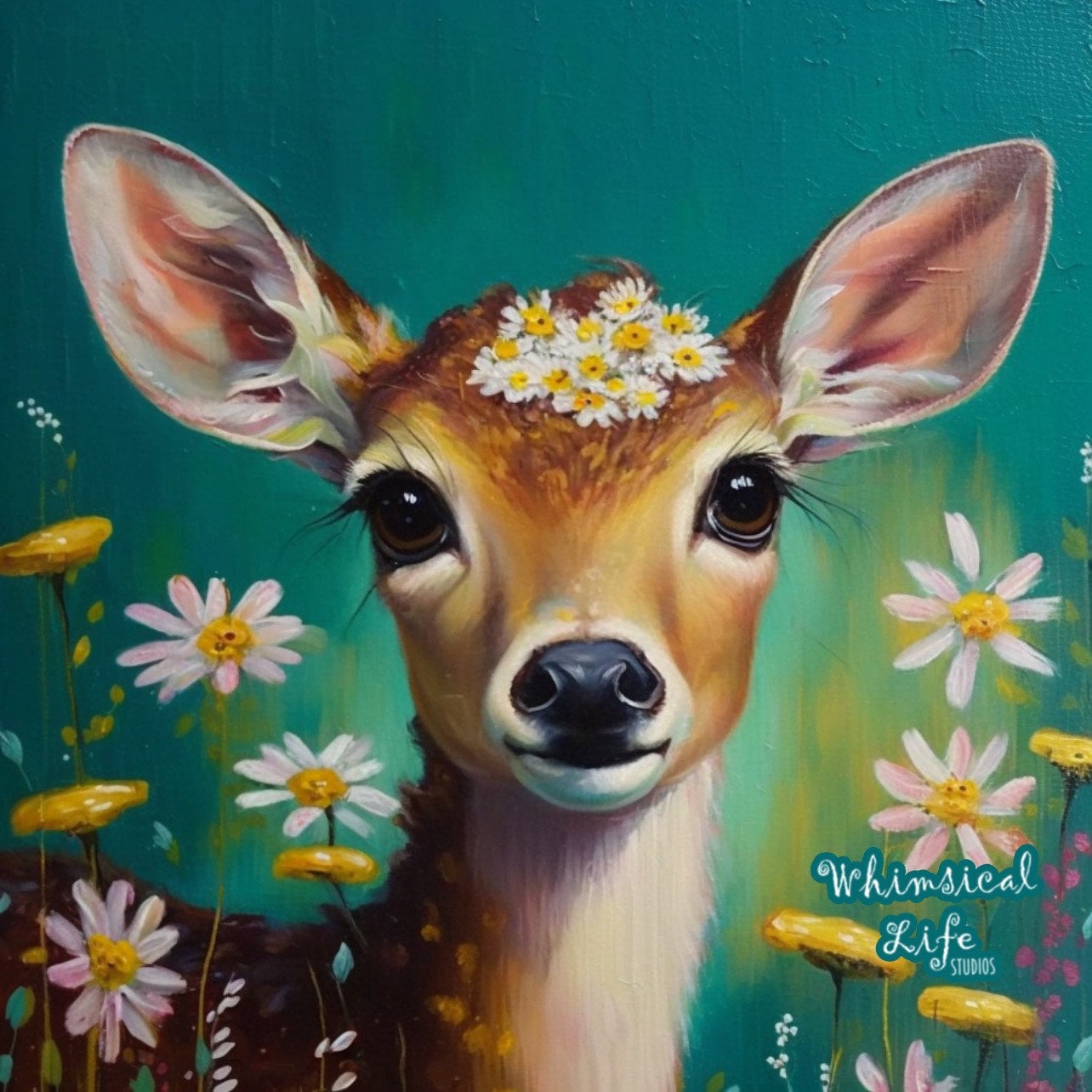 Whimsical Deer - 5x5 Miniature Print, Deer Acrylic Painting