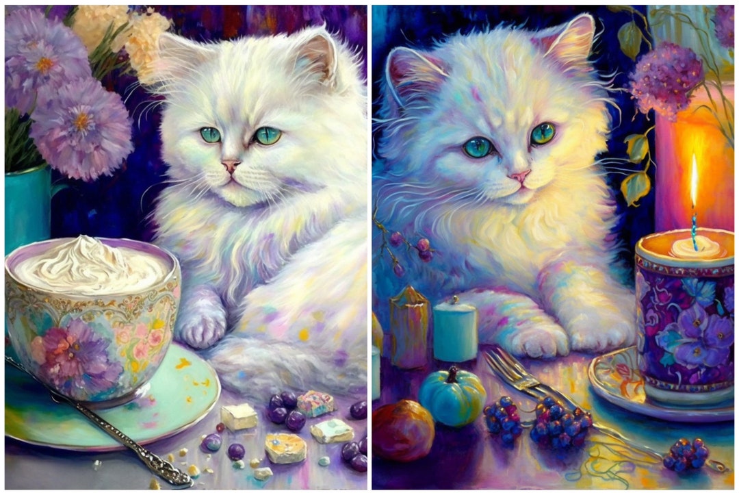 White Fluffy Kittens Tea Party Series 2 5x5 Prints Miniature Etsy