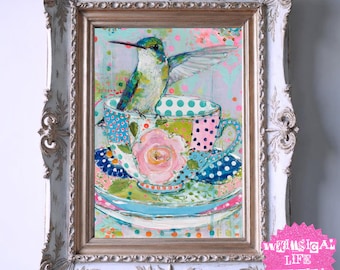 Hummingbird Tea Cup Art - It's Tea Time series, Whimsical Mixed Media, Shabby Chic