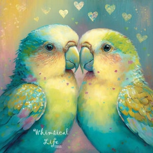 Parakeet Love Birds 5x5 Miniature Print, Direct from artist, Whimsical bird Art, Contemporary Bird Art, Pop Surreal, emotional art, moody