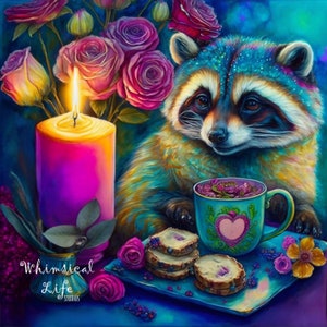 Raccoon print Tea Party Series 5x5 Miniature Print, Whimsical Art, Contemporary Art, Pop Surreal, cute raccoon Art, raccoon print