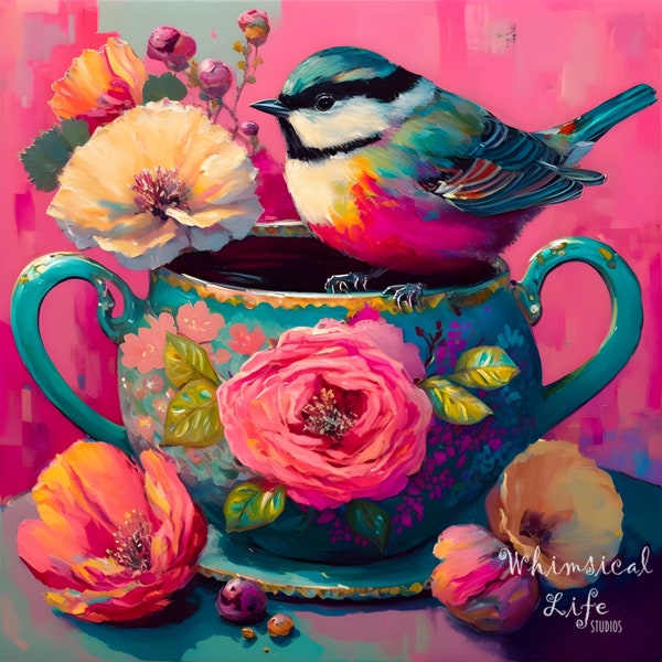 Tea Party Series 8x8 Print, Direct from artist, Whimsical bird Art, Contemporary Bird Art, Pop Surreal, Mixed Media Bird Art,