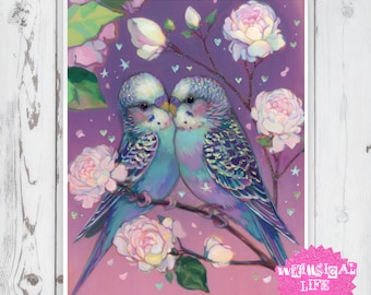 Budgie love birds Art - Whimsical bright pastel art, parakeets
