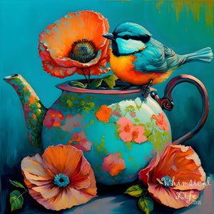 Tea Party Series 5x5 Miniature Print, Direct from artist, Whimsical bird Art, Contemporary Bird Art, Chickadee print, Mixed Media Bird Art,