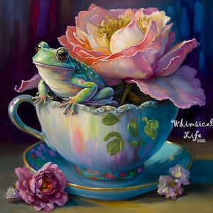 Frog in tea cup Tea Party Series 8x8 Print, Direct from artist, Whimsical frog Art, Contemporary from Art, Pop Surreal