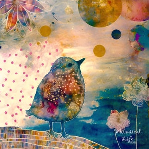 8x8 or 11x11 Print, Direct from artist, Whimsical bird Art, Contemporary Bird Art, Pop Surreal, Mixed Media Bird Art, emotional art, moody