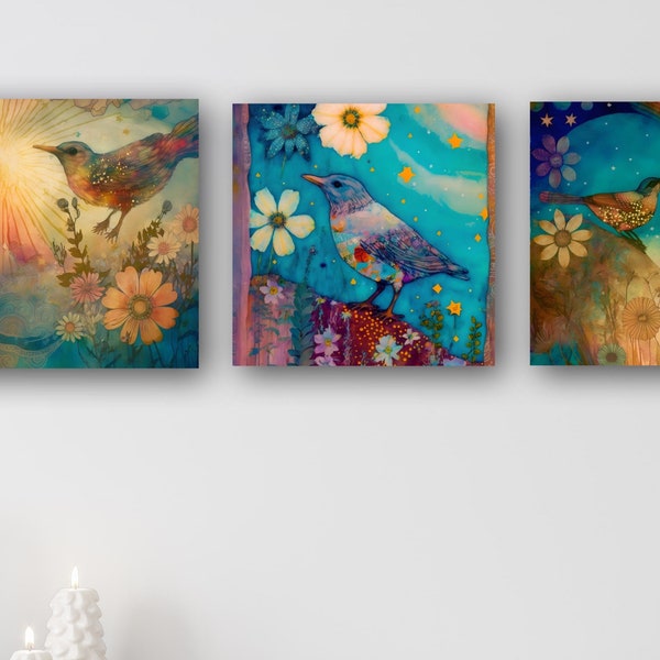 Whimsical Bird Print Set 3 - 5x5 Prints, Whimsical Art, Contemporary Art, Pop Surreal, Mixed Media Art, emotional art, moody, shabby chic,