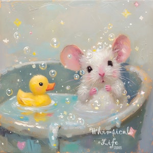 Rubber Duckie Bath time Mouse, Pastel Aesthetic Series, Whimsical rodent Art, Contemporary Mouse Art, Pop Surreal, Mouse Art, Mice Decor