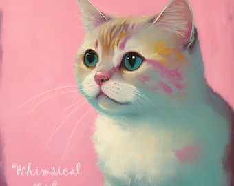 Cute Cat pink background 5x5 Miniature Print, Whimsical cat Art, Contemporary cat Art, Pop Surreal, kitsch art, low brow, cottagecore