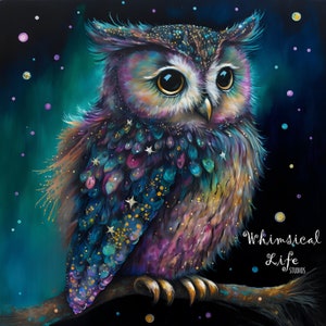 Fluffy Cosmic Owl 5x5 Altar Print, Direct from artist, Whimsical owl Art, Contemporary owl Art, Pop Surreal, Bird Art, emotional art,