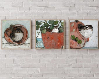 House Wren in garden flower pots 3 Print set, Whimsical Bird Art, Contemporary Art,