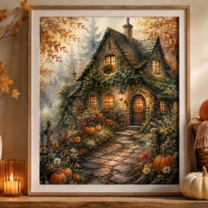 May include: A framed wall art print depicting a stone cottage nestled in an autumn forest with a cobblestone path, glowing windows, and orange pumpkins scattered throughout the garden, surrounded by seasonal decor including pumpkins and a candle.
