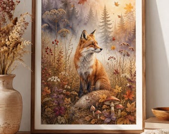 Könnte beinhalten: Ein gerahmter Kunstdruck mit einer Aquarellillustration eines Rotfuchses, der in einem Herbstwald sitzt. Die Szene zeigt hohe getrocknete Gräser, Wildblumen, gefallene Ahornblätter und kleine Pilze vor einem Hintergrund aus Kiefern.